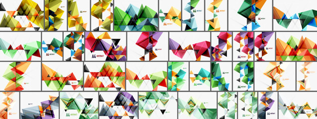Geometric designs, vibrant colors, triangular shapes dominate composition. Multiple variations presented in grid format. Modern aesthetic.