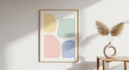 abstract geometric shapes, pastel colors, minimal design, framed wall art, wooden pedestal, decorative sculpture, natural lighting
