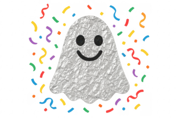 Happy foil ghost celebrating party with colorful confetti