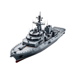 Modern warship, gray and blue, with complex superstructure