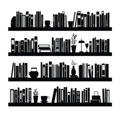 Collection of bookshelf silhouettes in various styles isolated on white background