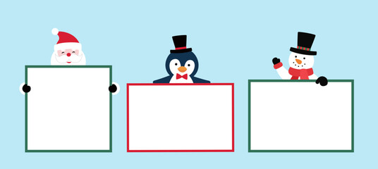 Set of Santa Claus, snowman and penguin holding blank advertising board flat stock vector illustration.
Good for greeting card, poster, banner, leaflet.