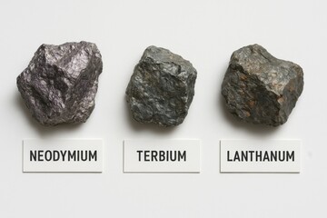 Three mineral specimens labeled Neodymium, Terbium, and Lanthanum, displayed on a plain background, highlighting rare earth elements.