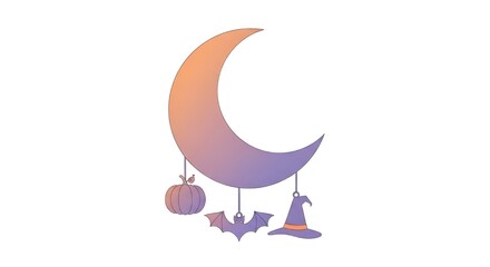Crescent Moon with Hanging Pumpkin, Bat, and Witch Hat in Soft Pastel Shades of Orange and Purple