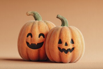 Two carved pumpkins with happy and jack-o-lantern faces against an orange background