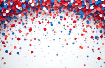 Red blue white confetti particles fall like snow. Celebration abstract background invites joy and festive mood. Party atmosphere fills with colorful paper dots.