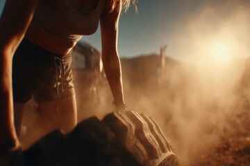 Strong female athlete flipping a heavy tire in a dusty outdoor workout.