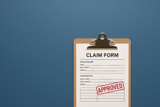 A claim form approved, displayed on a clipboard against a blue background, indicating successful submission or acceptance of a request.