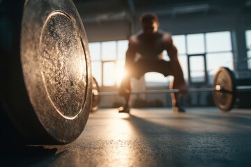 Dedicated athlete's powerful deadlift preparation in a sunlit modern gym.