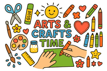 Creative Kids' Crafting. Arts and crafts time. Colorful Hand-drawn doodle Children illustration Arts and crafts time scissors, glue stick, crayons, colored