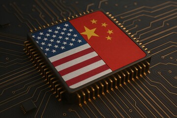 A microchip displaying the flags of the USA and China, symbolizing technology and international relations against a circuit board background.