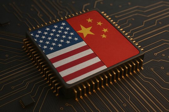 A microchip displaying the flags of the USA and China, symbolizing technology and international relations against a circuit board background.