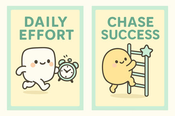 Fototapeta premium Kawaii Motivation. Daily effort. Two vertical A6 banners with safe margins, centered composition, no elements touching edges, kawaii, pastel mint and yellow,