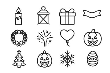Celebration Icon Set. Celebration essentials. Line icon set of celebration essentials: candle, lantern, gift box, ribbon, wreath, fireworks, heart balloon,