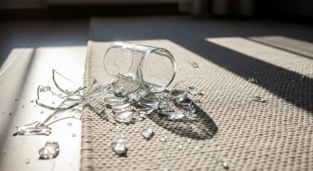 Broken Glass Tumbler and Shards on Floor and Woven Rug
A clear drinking glass tumbler lies broken on its side, with sharp, reflective fragments scattered across a light wooden floor