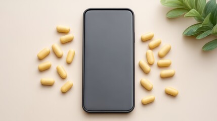 Yellow Pills Surrounding a Smartphone on a Light Surface Creating a Modern Medicine Concept with a Touch of Greenery