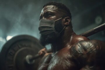 Powerful Black man in face mask doing squats with barbell in a gym.