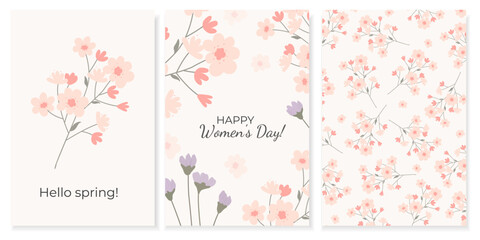 Set of minimalist floral vector templates. Includes greeting cards for Women's Day, spring, and a seamless pattern. Delicate hand-drawn flowers in pastel colors. Perfect for posters and invitations