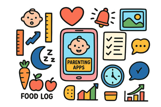 Parenting App Doodles. Parenting apps. Colorful Hand-drawn doodle Children illustration Parenting apps smartphone, growth chart, checklist, reminder bell,