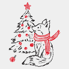 Hand drawn happy fox in scarf sitting next to the Christmas tree. Vector sketch illustration in vintage crayon charcoal style. Christmas greeting card, children illustration