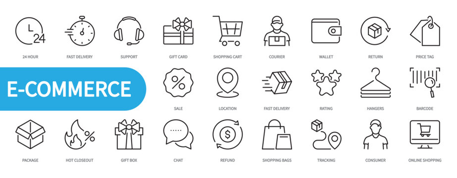 E-commerce icon set. Online shopping, courier, wallet, barcode, price tag, sale, location, rating, hangers, package, gift box, refund, tracking, consumer, etc. Vector illustration. Editable stroke.