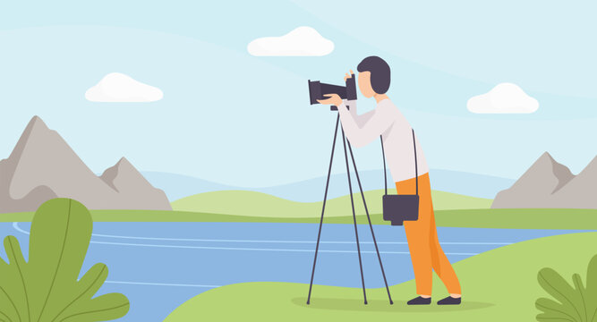 Man Take Photo at Nature Enjoy Outdoor Activity Vector Illustration