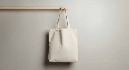 high quality, detailed, studio shot, minimalist design, white leather tote bag, hanging on wooden dowel, clean background, natural lighting, soft shadows, textured surface, elegant, sophisticated