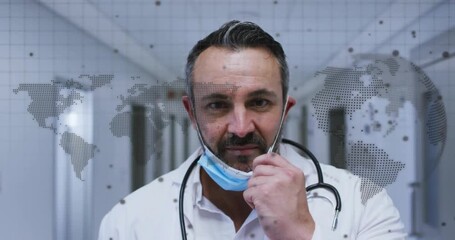 Doctor lifting mask over nose and mouth while world map overlay shifting for global health - Powered by Adobe