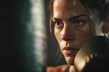 Determined female boxer intensely focused, sweat dripping, training hard in a gym.