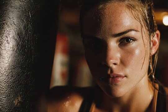 Close-up of a determined, sweaty young woman after an intense gym workout.