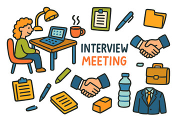 Colorful Interview Essentials. interview meeting. Colorful Hand-drawn doodle Children illustration interview meeting desk, chair, laptop, clipboard, pen,
