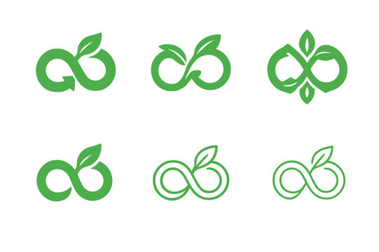 Circular Economy Icons. Green economy. Set Logo of circular economy: infinity loop made of arrows and leaves. Icon set. harmonious logo variations of the same