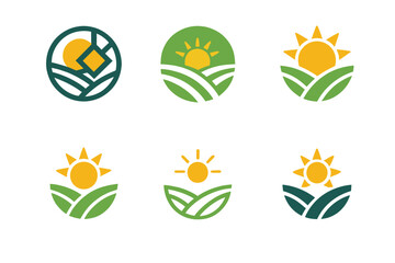 Solar Farm Logos. Agricultural innovation and food security. Set Logo of solar-powered farm: harmonious logo variations of the same emblematic concept, each