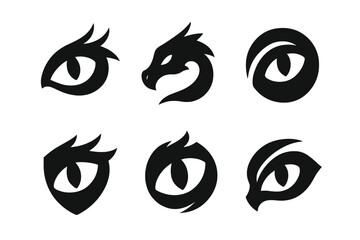 Dragon Eye Logos. Dragons. Set Logo of Dragon Eye: Minimal outline, Negative space, Flat solid, Symmetrical form, Stylized detail, Iconic shape. Vector style.