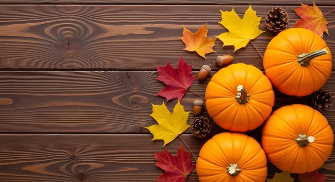 Autumn pumpkins and colorful fall leaves on a wooden background