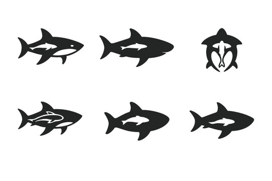 Animal Symbiosis Logos. Animal symbiosis. Set Logo of Animal symbiosis: Remora attached to shark. harmonious logo variations of the same emblematic concept,