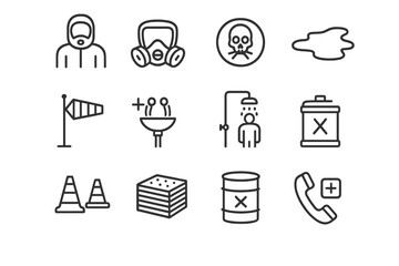 Chemical Spill Icons Set. Chemical Spill Response. Line icon set of Chemical Spill Response: hazmat suit, respirator mask, toxic symbol, spill puddle, wind