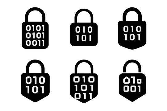 Secure Data Logos. Data protection and encryption technologies. Set Logo of secure data: padlock with binary code. Icon set. harmonious logo variations of the