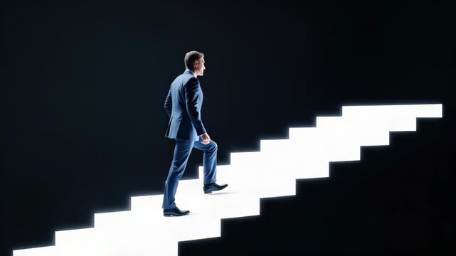 Businessman ascending illuminated stairs in dark setting for success and ambition concept