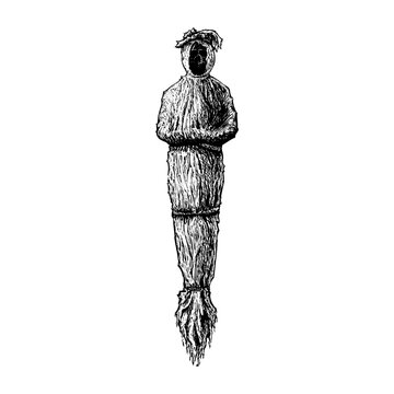 A black and white illustration of a pocong, a traditional ghost figure from Indonesian folklore. The figure is depicted wrapped tightly in a burial shroud.