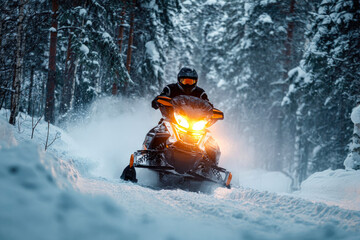A man in protective gear rides a snowmobile through the forest. Headlights illuminate the path in the evening. Winter leisure and recreation concept, vacation, extreme winter sports