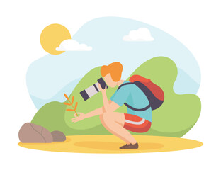 Man Take Photo at Nature Enjoy Outdoor Activity Vector Illustration