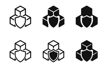 Blockchain Security Logos. Data protection and encryption technologies. Set Logo of blockchain security: connected cubes with shield. Icon set. harmonious logo