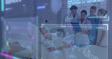 Nurse tapping clipboard activating holographic map and care team reviewing sensor data guiding care - Powered by Adobe
