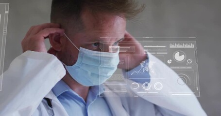 Doctor reaching for mask straps and donning surgical mask while monitoring medical holographic data - Powered by Adobe