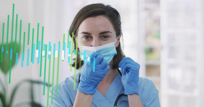 waveform appearing as female health clinician adjusting and removing mask revealing smile