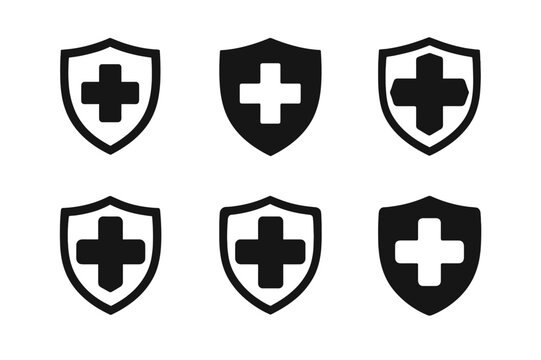 Employee Benefits Logos. Employee benefits. Set Logo of Employee benefits: Medical cross with shield. harmonious logo variations of the same emblematic