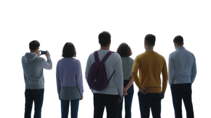 Studio photograph of six silhouetted figures standing together against a dark backdrop transparent background