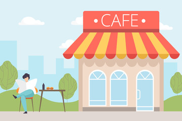 Obraz premium Man Sit at Cafe Read Newspaper at Nature Enjoy Outdoor Activity Vector Illustration