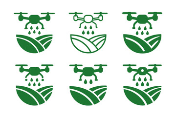 Drone Farming Logos. Agricultural innovation and food security. Set Logo of drone spraying fields: harmonious logo variations of the same emblematic concept,